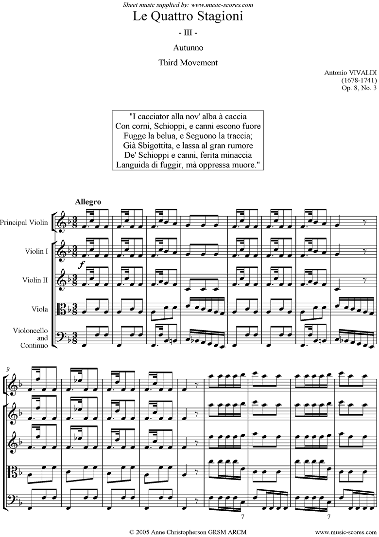 Front page of Op.8 No.3: The Four Seasons: Autumn: 3rd mt:Strings sheet music
