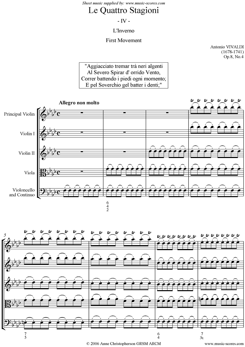 Front page of Op.8 No.4: The Four Seasons: Winter: 1st mt:Strings sheet music