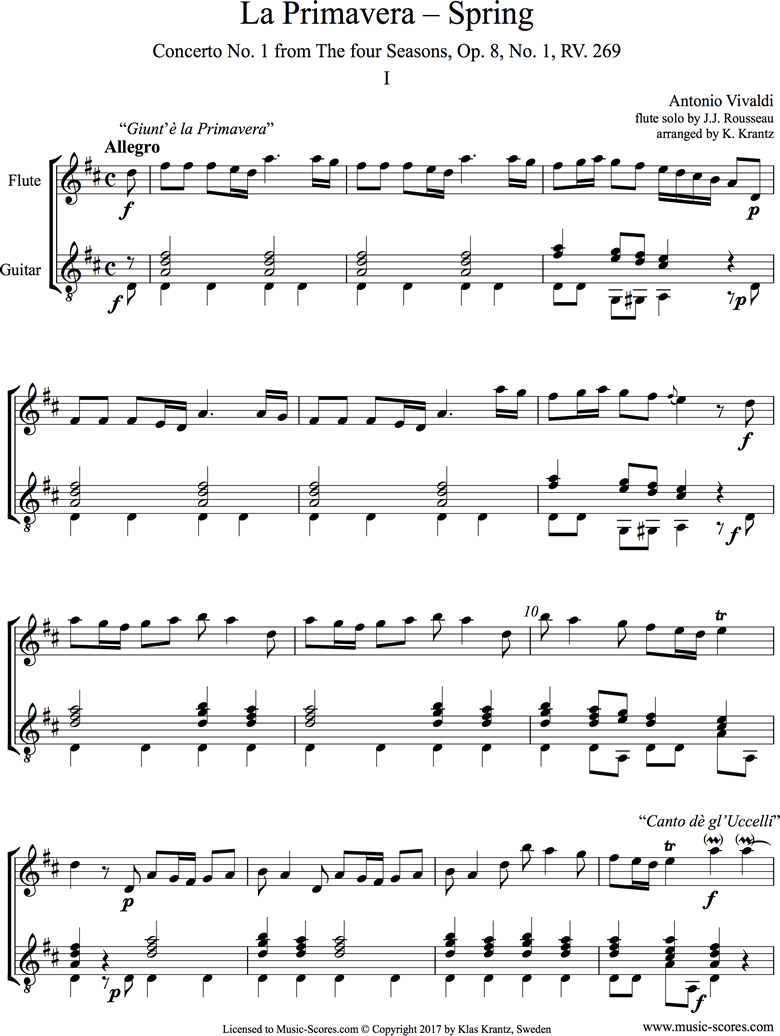 Front page of Op.8 No.1: The Four Seasons: Spring: 1st mt: Flute, Guitar sheet music