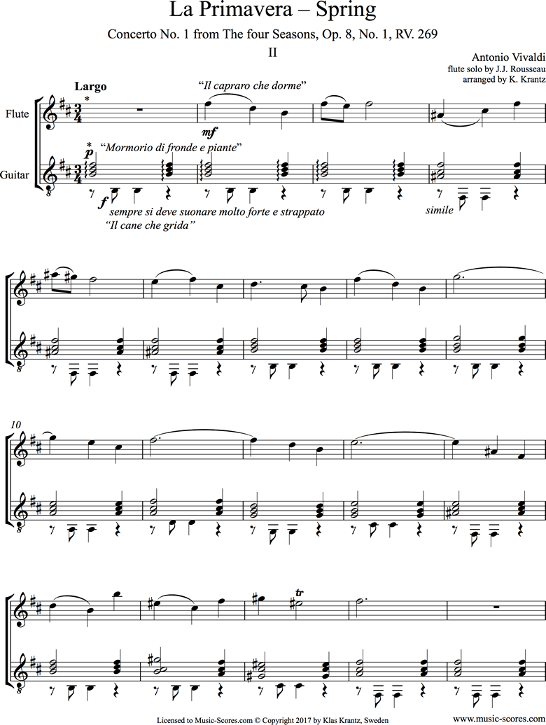 Op.8 No.1: The Four Seasons: Spring: 2nd mt: Flute, Guitar by Vivaldi