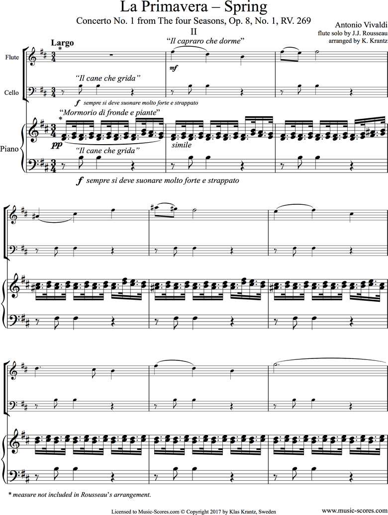 Op.8 No.1: The Four Seasons: Spring: 2nd mt: Flute, Cello, Piano by Vivaldi