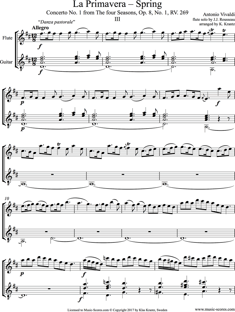Front page of Op.8 No.1: The Four Seasons: Spring: 3rd mt: Flute, Guitar sheet music