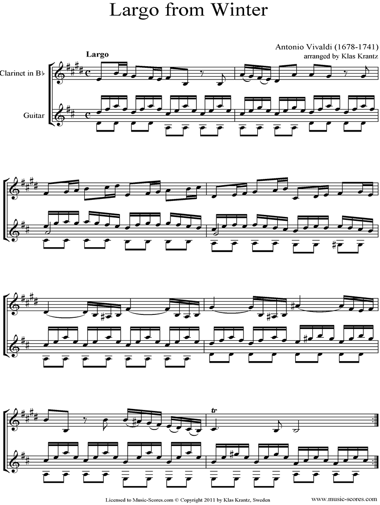 Front page of Op.8 No.4: The Four Seasons: Winter: 2nd mt: Clarinet, Guitar sheet music
