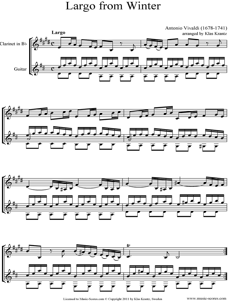 Op.8 No.4: The Four Seasons: Winter: 2nd mt: Clarinet, Guitar by Vivaldi