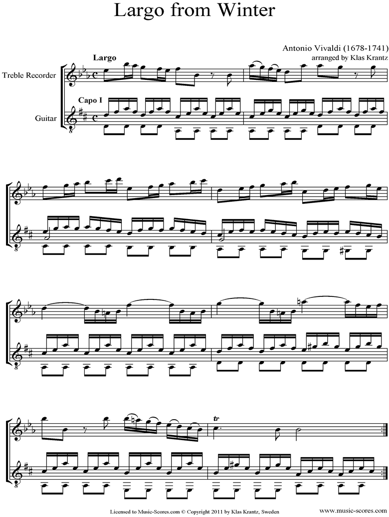 Front page of Op.8 No.4: The Four Seasons: Winter: 2nd mt: Treble Recorder, Guitar sheet music
