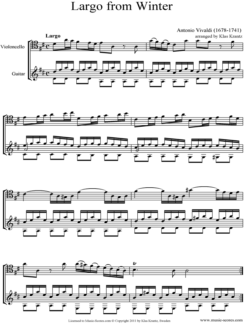 Op.8 No.4: The Four Seasons: Winter: 2nd mt: Cello, Guitar by Vivaldi