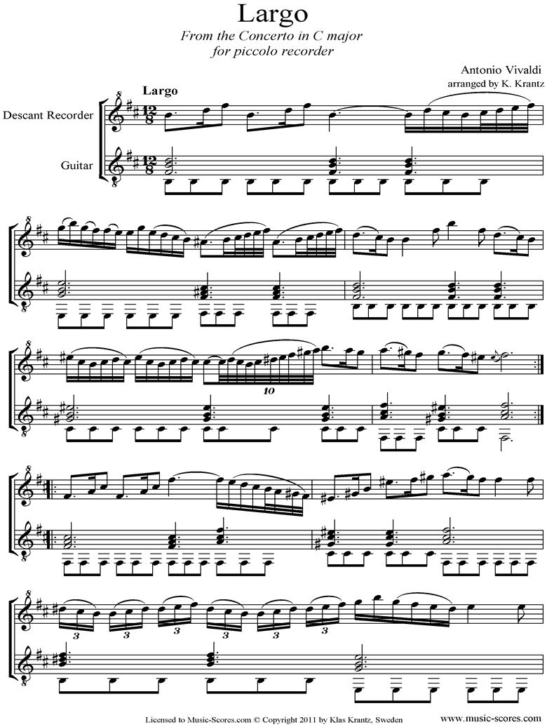 Front page of RV443: Largo: Descant Recorder, Guitar sheet music