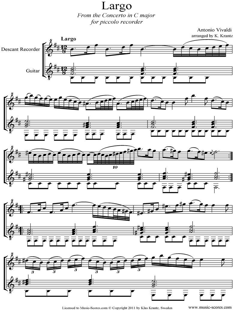RV443: Largo: Descant Recorder, Guitar by Vivaldi