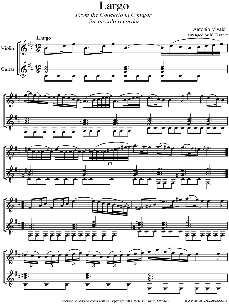 Front page of RV443: Largo: Violin, Guitar sheet music
