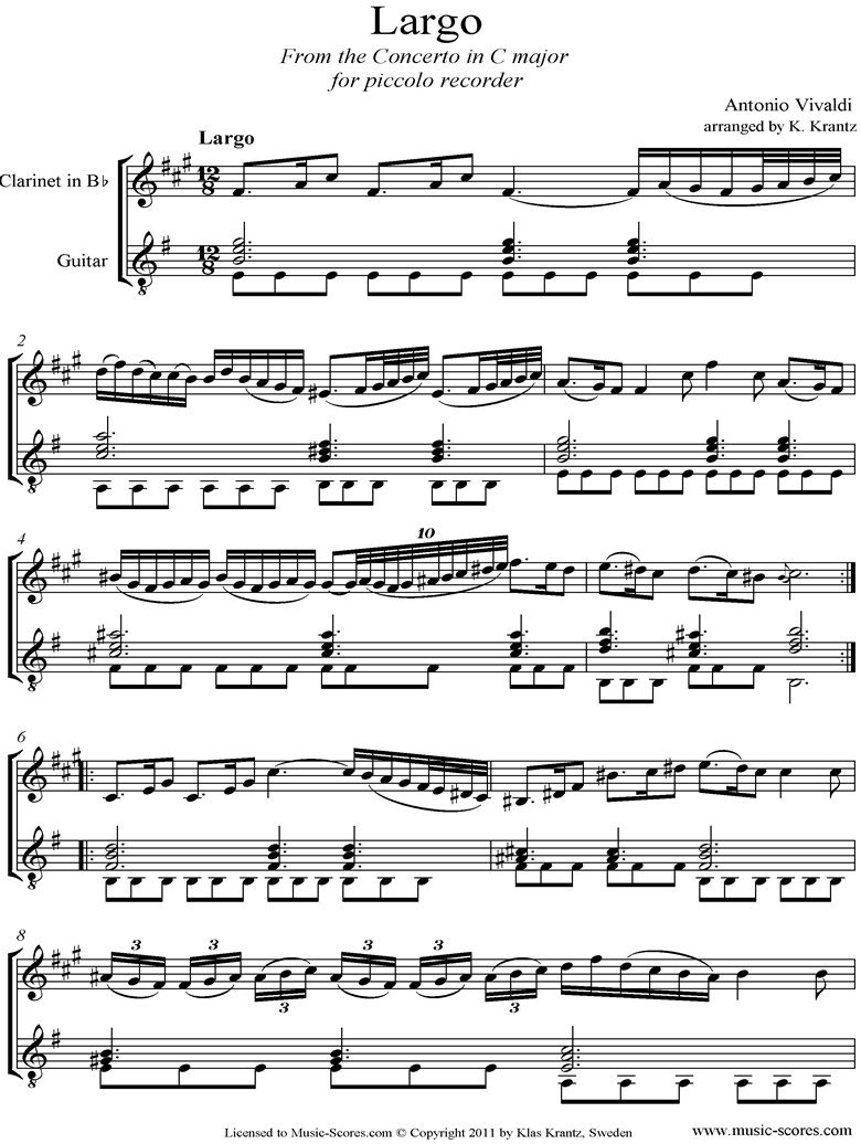 Front page of RV443: Largo: Clarinet, Guitar sheet music