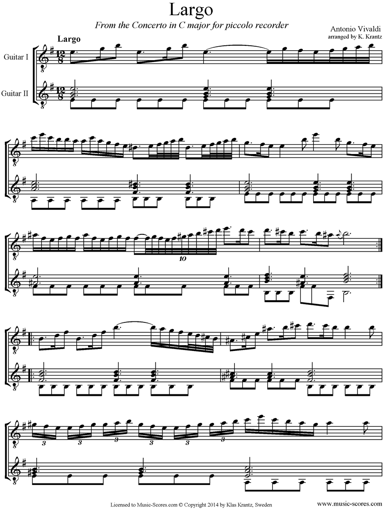 Front page of RV443: Largo: Guitar Duet sheet music