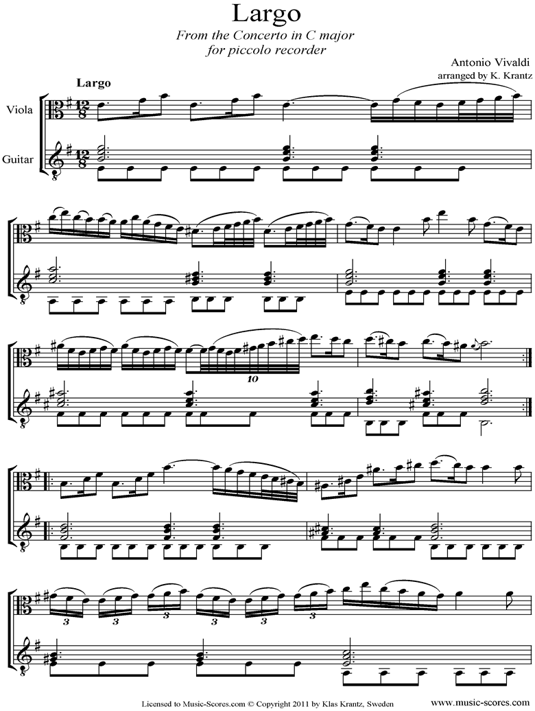 Front page of RV443: Largo: Viola, Guitar sheet music