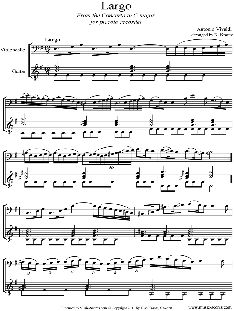 Front page of RV443: Largo: Cello, Guitar sheet music