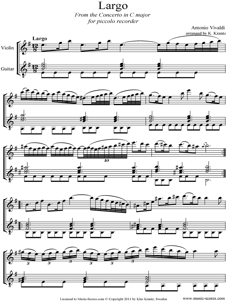 Front page of RV443: Largo: Violin, Guitar sheet music