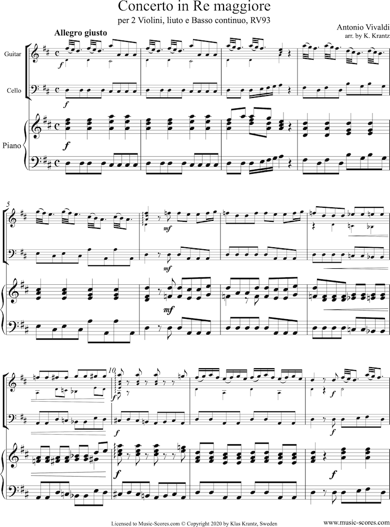 Front page of RV93: Concerto in D major: Guitar, Cello and Piano. sheet music