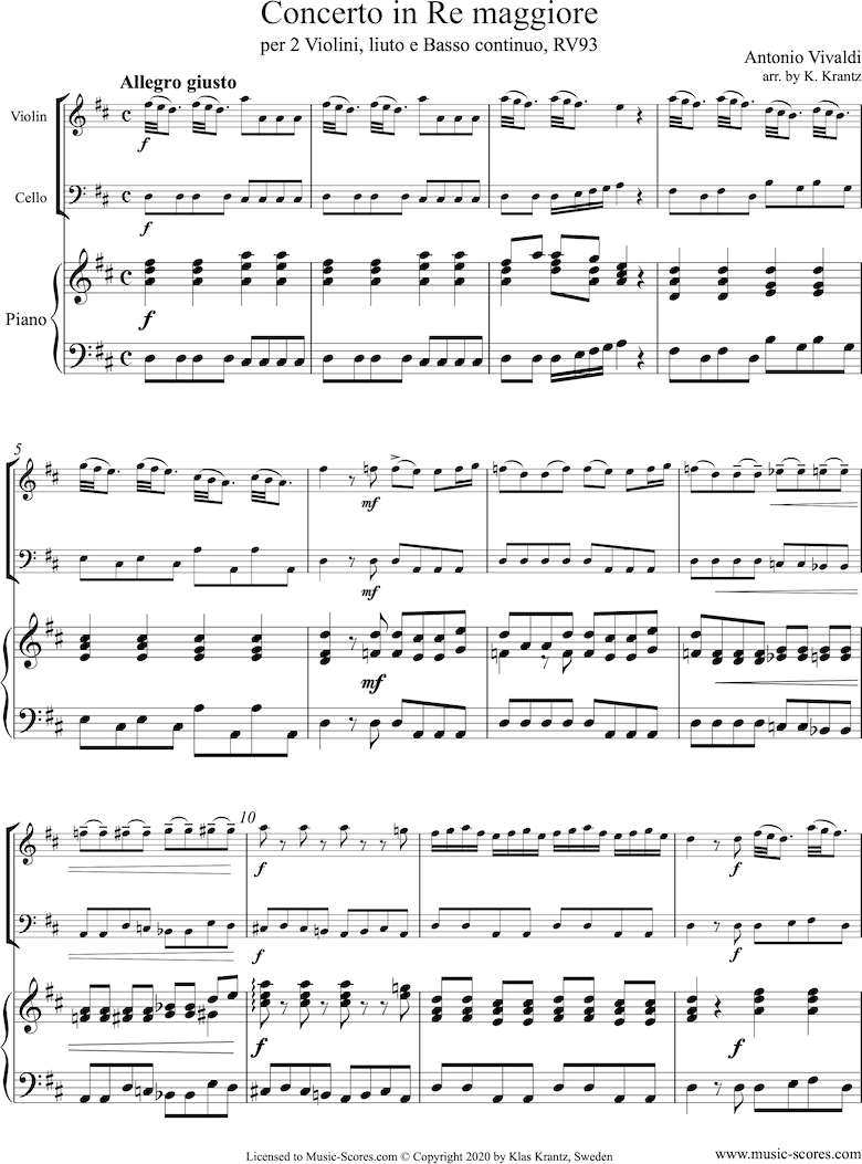 Front page of RV93: Concerto in D major: Violin, Cello and Piano. sheet music