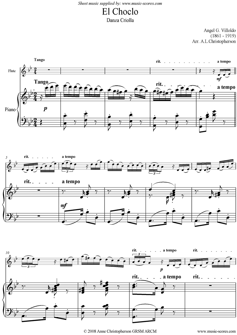 Front page of El Choclo: Danza Criolla: Flute moderate sheet music