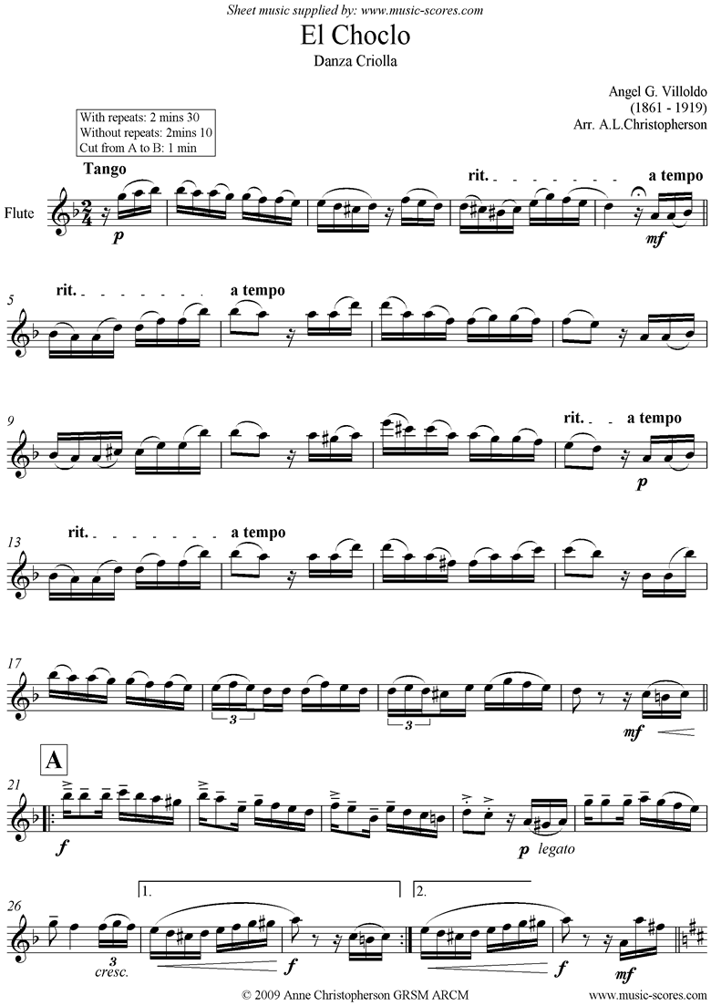 Front page of El Choclo: Danza Criolla: Unaccompanied Flute sheet music