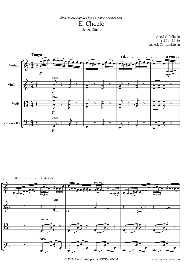 Front page of El Choclo: Danza Criolla: String Quartet sheet music