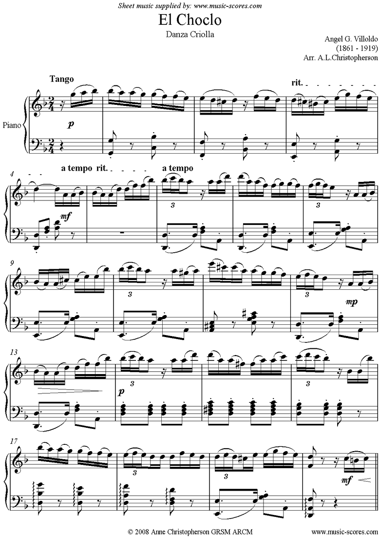 Front page of El Choclo: Danza Criolla: Piano sheet music