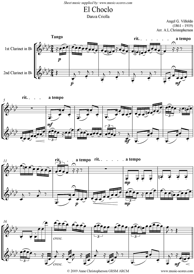 Front page of El Choclo: Danza Criolla: 2 Clarinets sheet music