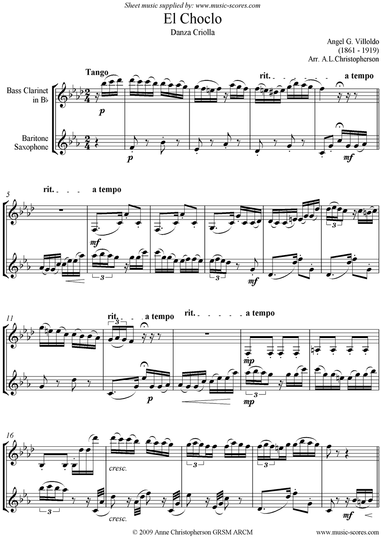 Front page of El Choclo: Danza Criolla: Bari Sax, Bass Clarinet sheet music