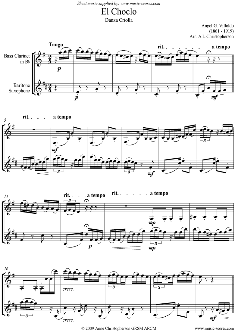 Front page of El Choclo: Danza Criolla: Bari Sax, Bass Clarinet sheet music