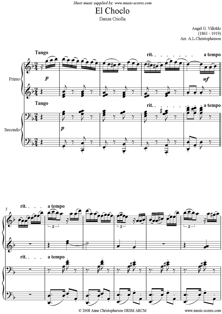 Front page of El Choclo: Danza Criolla: Piano Duet sheet music