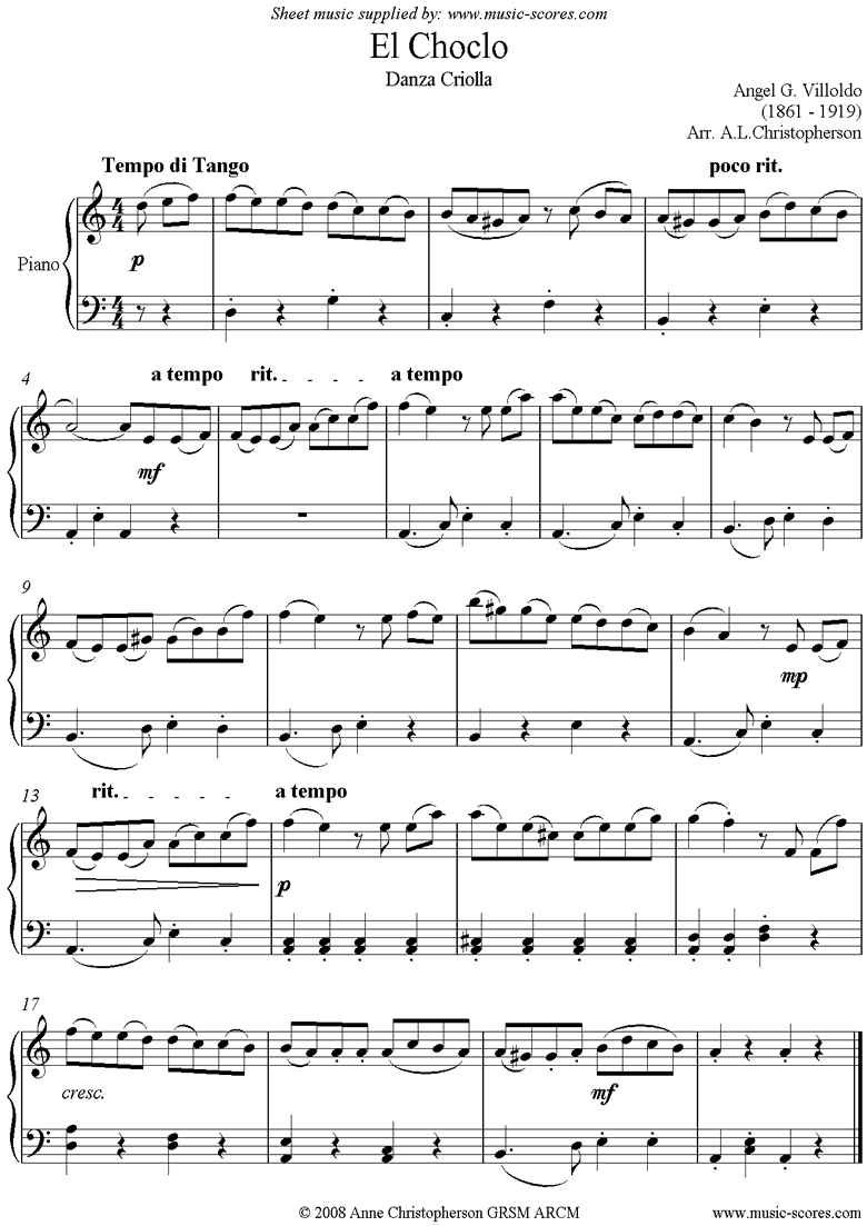 hielo Agregar observación Villoldo. El Choclo Danza Criolla Piano simplified classical sheet music
