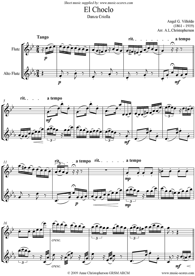 Front page of El Choclo: Danza Criolla: Flute, Alto Flute sheet music