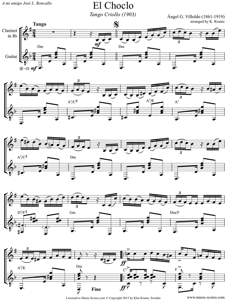 Front page of El Choclo: Danza Criolla: Clarinet, Guitar sheet music