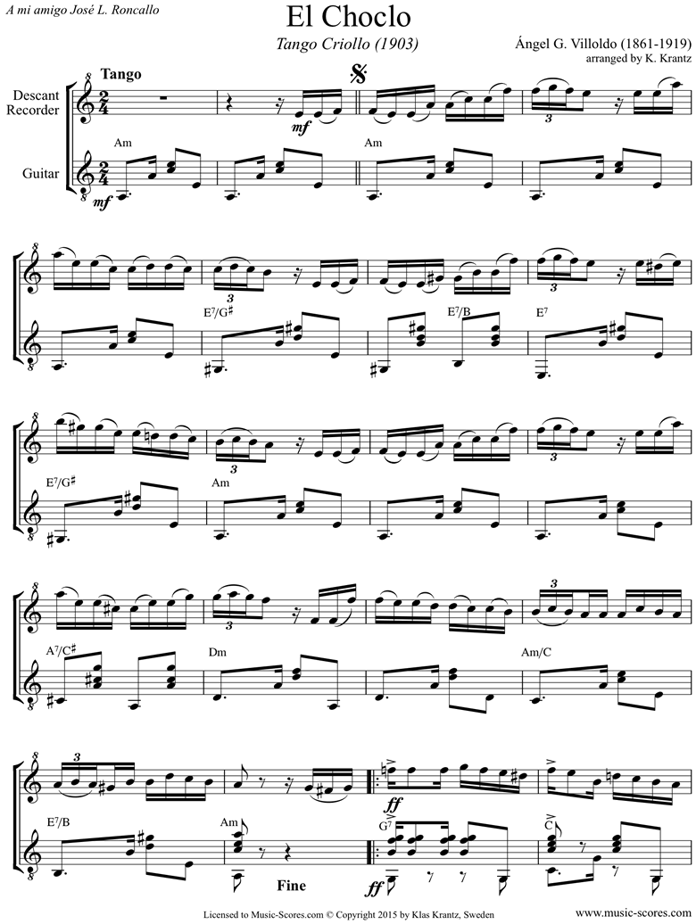 Front page of El Choclo: Danza Criolla: Descant Recorder, Guitar sheet music