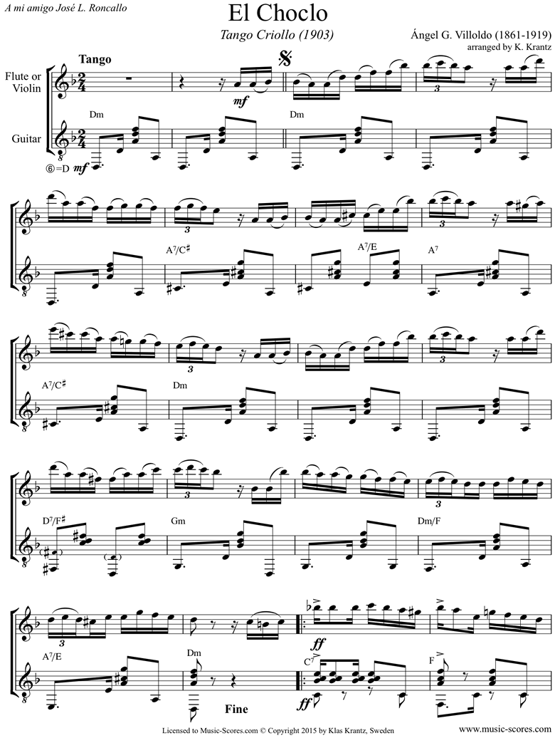 Front page of El Choclo: Danza Criolla: Flute, Guitar sheet music