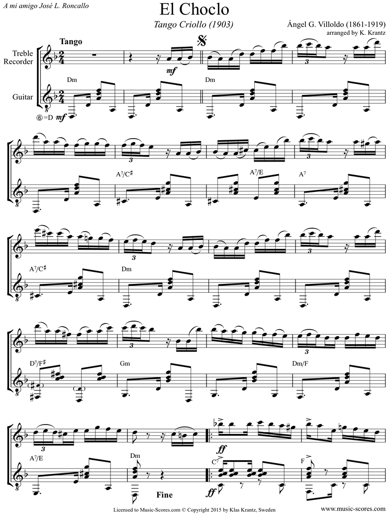 Front page of El Choclo: Danza Criolla: Treble Recorder, Guitar sheet music