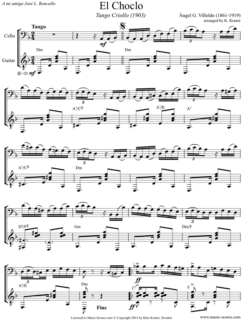 Front page of El Choclo: Danza Criolla: Cello, Guitar sheet music