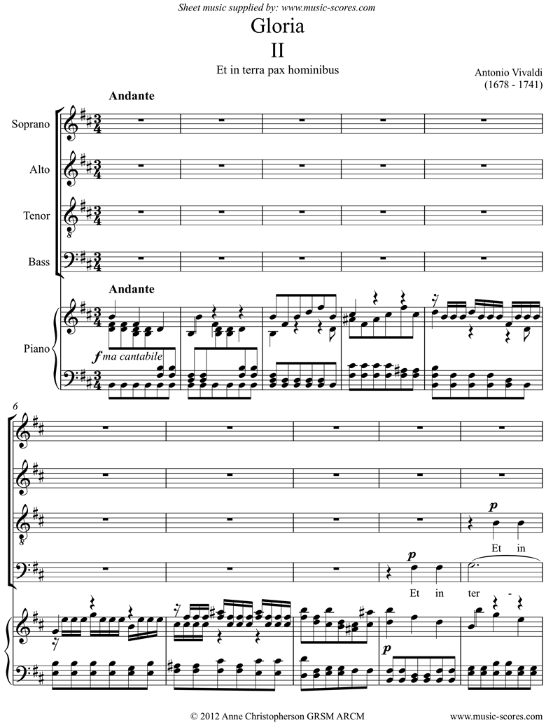 Gloria: RV589 No.02: Et in Terra Pax Hominibus: SATB by Vivaldi