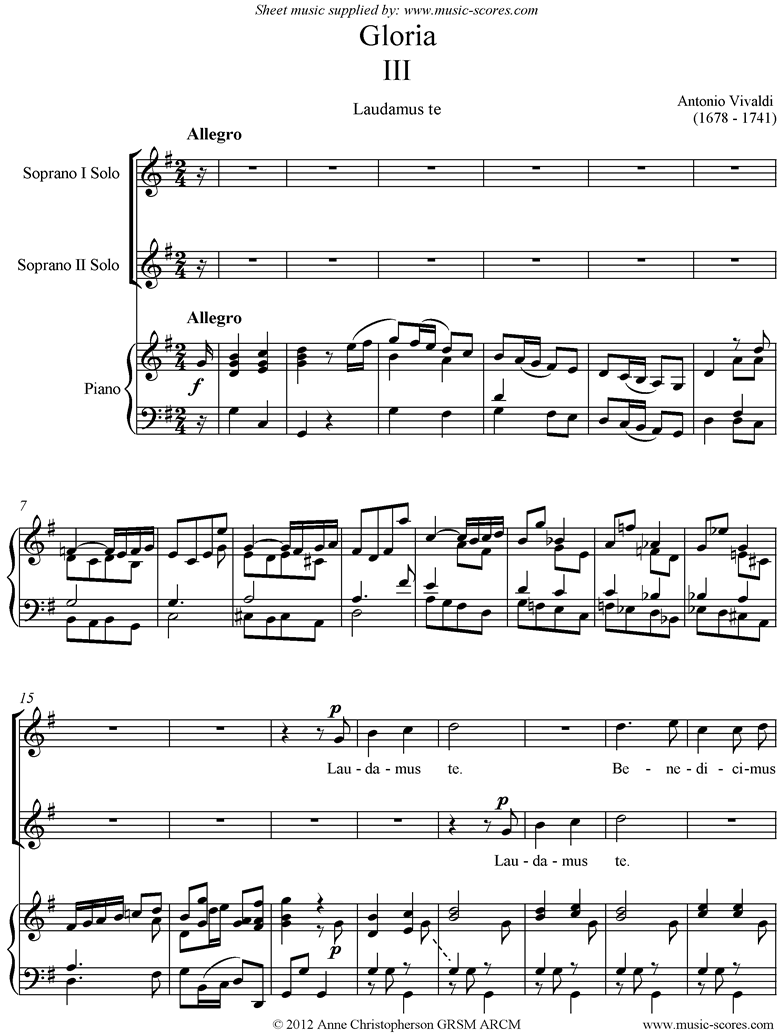 Front page of Gloria: RV589 No.03: Laudamus Te: SS sheet music