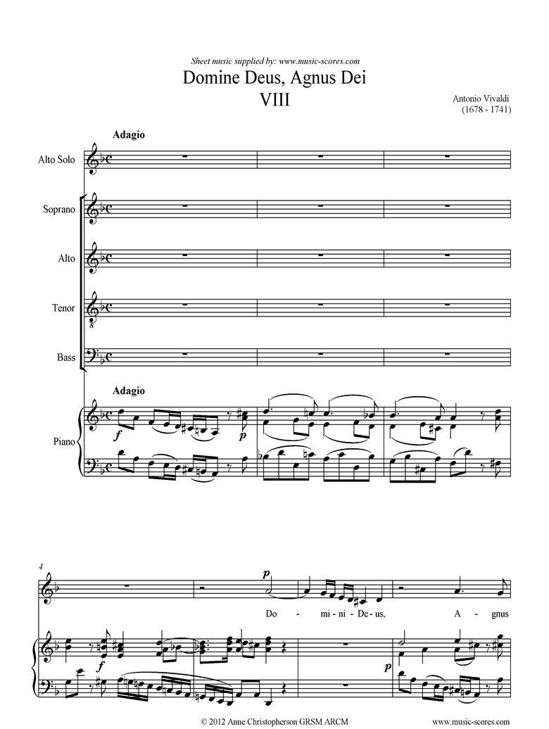 Front page of Gloria: RV589 No.08: Domine Deus, Agnus Dei: ASATB sheet music