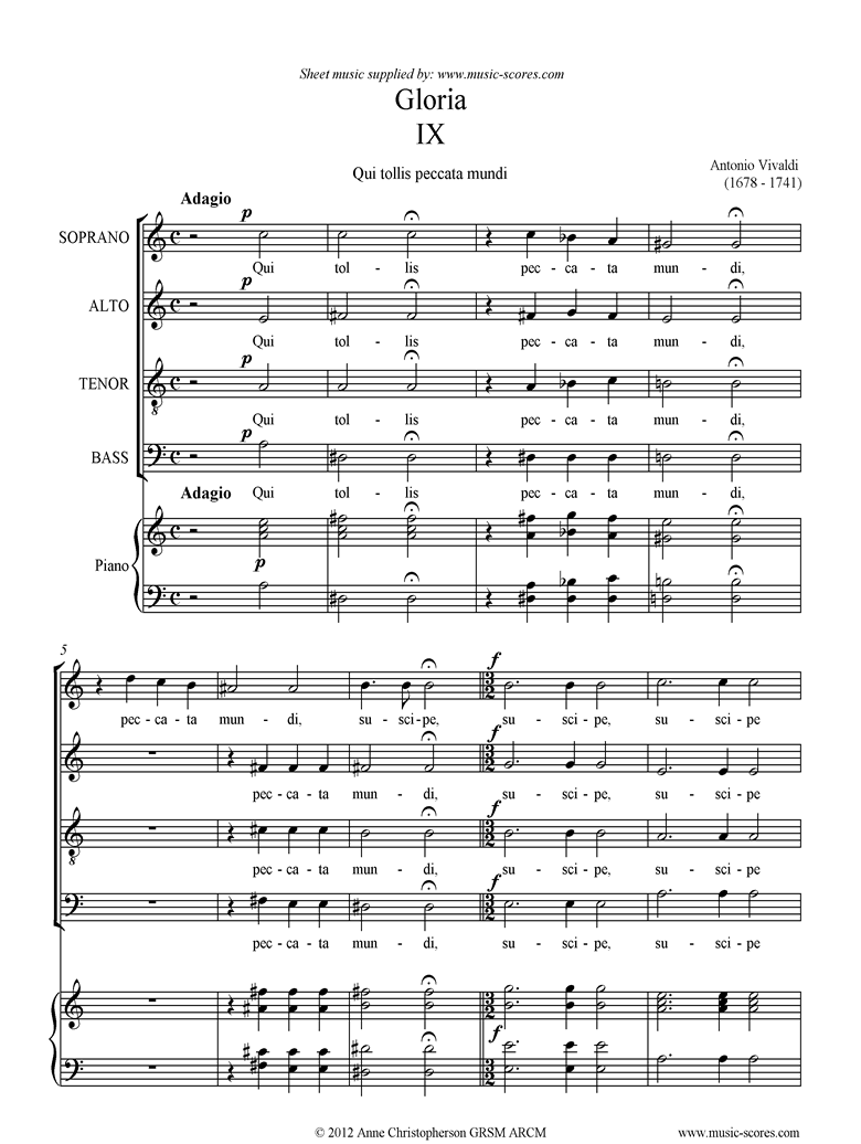 Gloria: RV589 No.09: Qui Tollis: SATB by Vivaldi