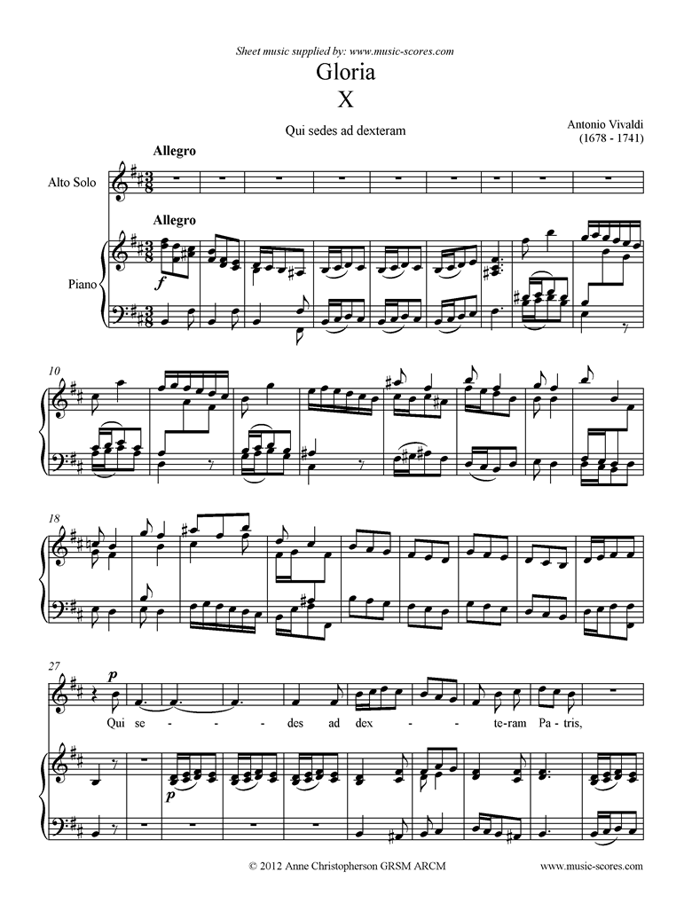 Front page of Gloria: RV589 No.10: Qui Sedes: Alto sheet music