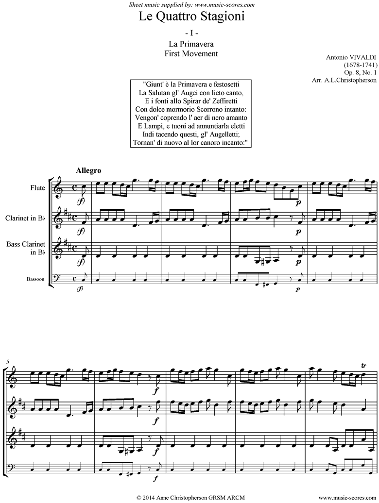 Front page of Op.8 No.1: The Four Seasons: Spring: 1st mt Flute, Clarinet, Bass Clarinet sheet music