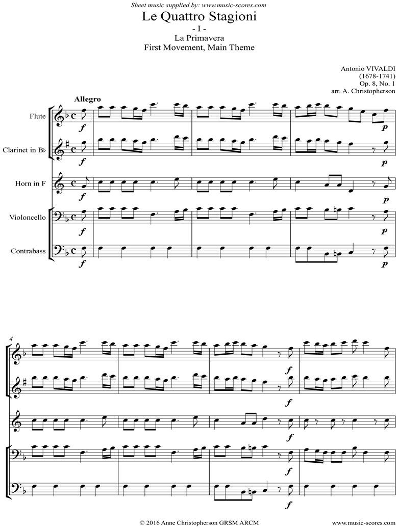 Op.8 No.1: The Four Seasons: Spring: 1st mt: Flute, Clarinet, Horn, Cello, Contrabass by Vivaldi