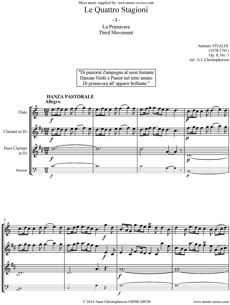 Front page of Op.8 No.1: The Four Seasons: Spring: 3rd mt 3VnsVc sheet music