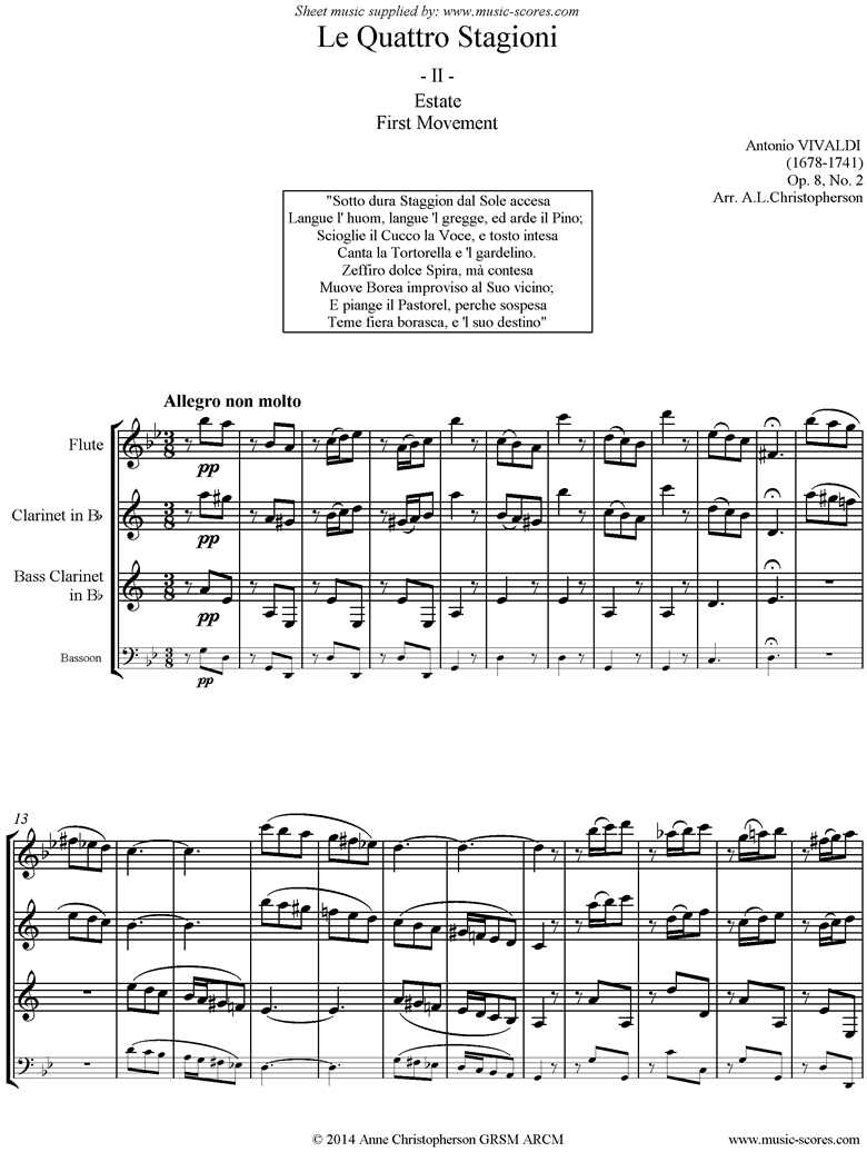 Front page of Op.8 No.2: The Four Seasons: Summer: 1st mt Flute, Clarinet, Bass Clarinet or Bassoon sheet music