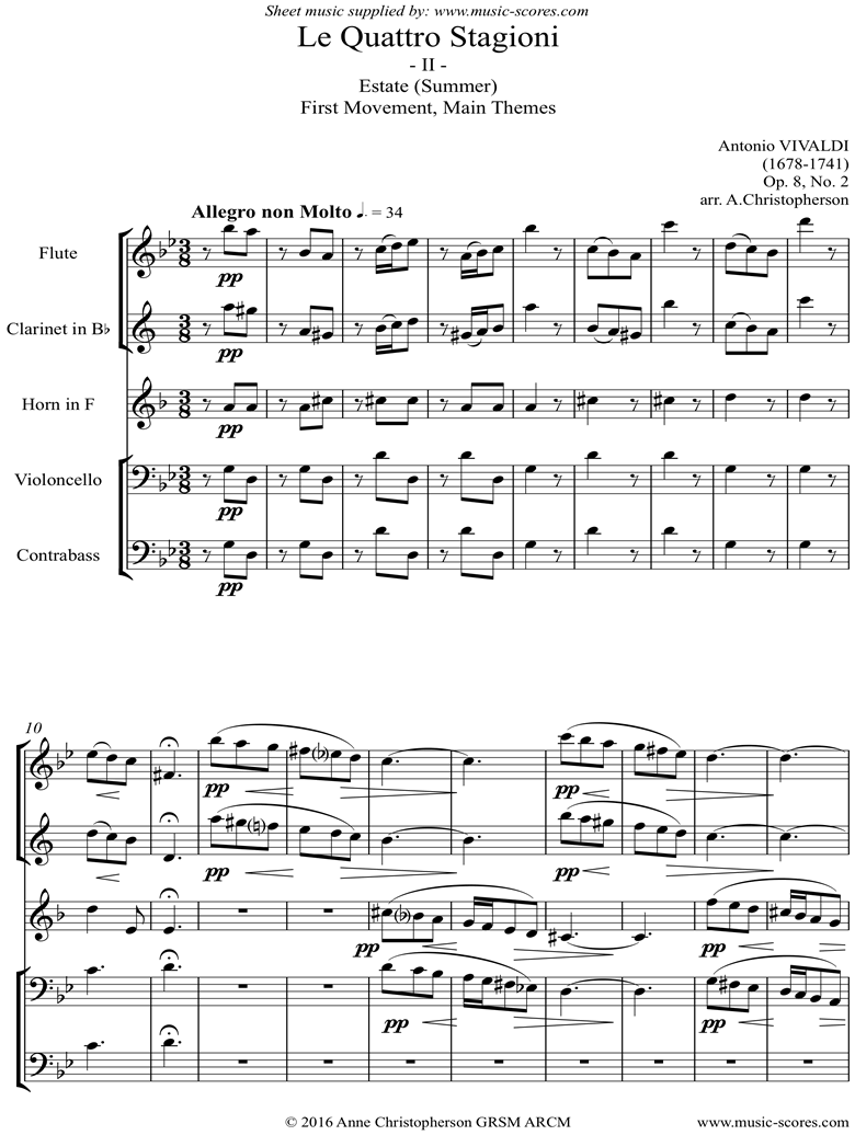 Op.8 No.2: The Four Seasons: Summer: 1st mt: Flute, Clarinet, Horn, Cello, Contrabass by Vivaldi