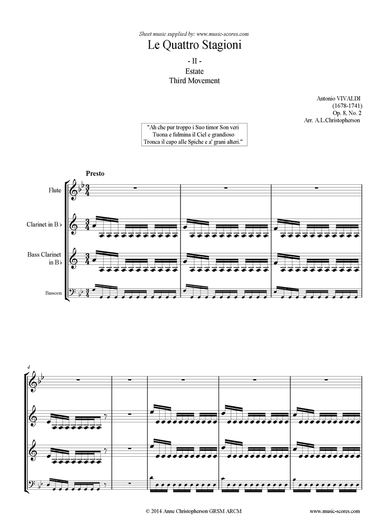 Front page of Op.8 No.2: The Four Seasons: Summer: 3rd mt Flute, Clarinet, Bass Clarinet or Bassoon sheet music