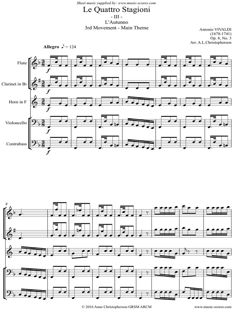 Front page of Op.8 No.3: The Four Seasons: Autumn: 3rd mt: Flute, Clarinet, Horn, Cello, Contrabass sheet music