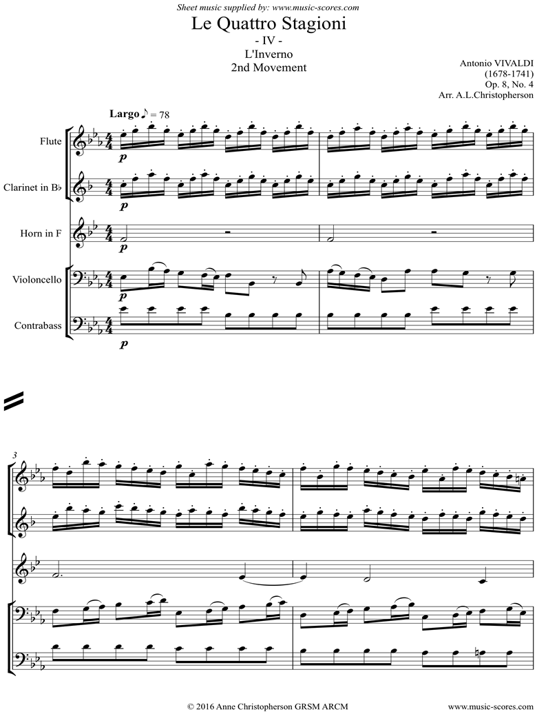 Op.8 No.3: The Four Seasons: Winter: 2nd mt: Flute, Clarinet, Horn, Cello, Contrabass by Vivaldi