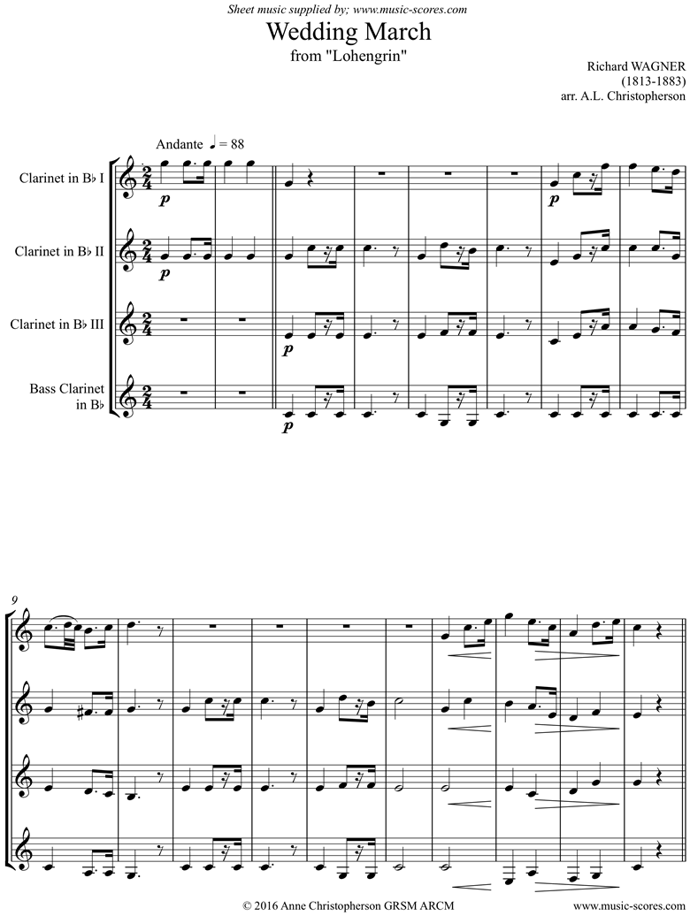 Front page of Wedding March: from Lohengrin: 3 Clarinets, Bass Clarinet sheet music