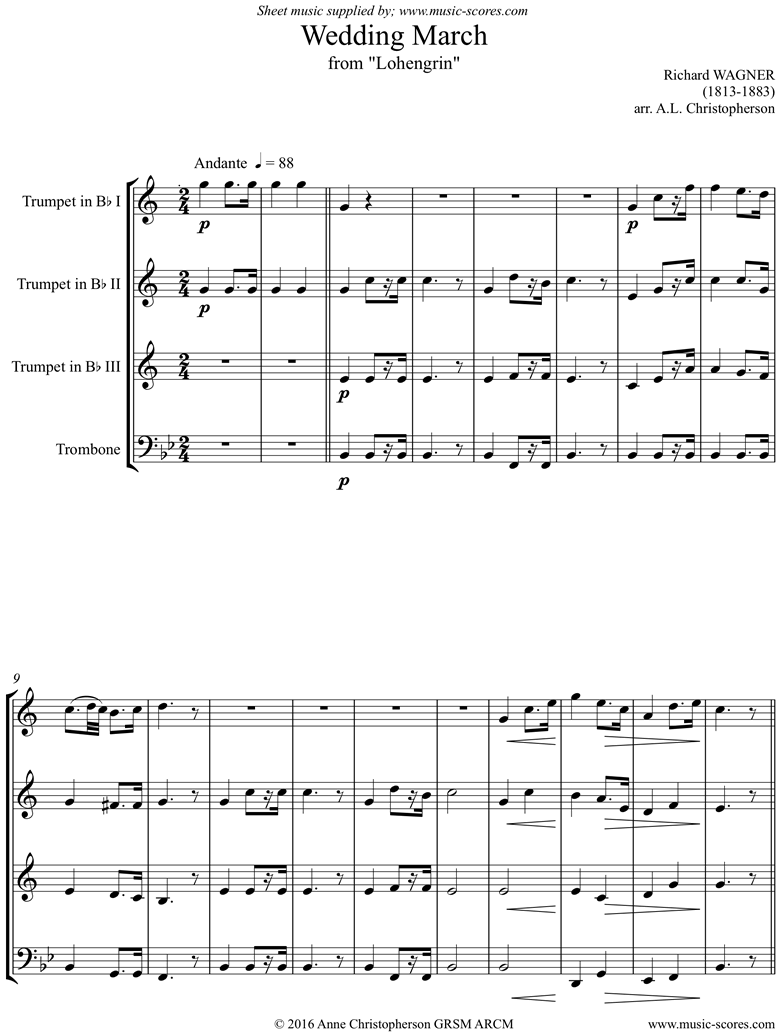 Front page of Wedding March: from Lohengrin: 3 Trumpets, Trombone sheet music